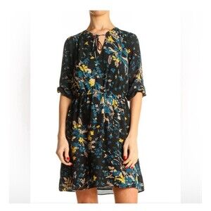 LOFT Petites XXSP Floral Dress Black Blue Yellow Tie Neck 3/4 Sleeve Polyester